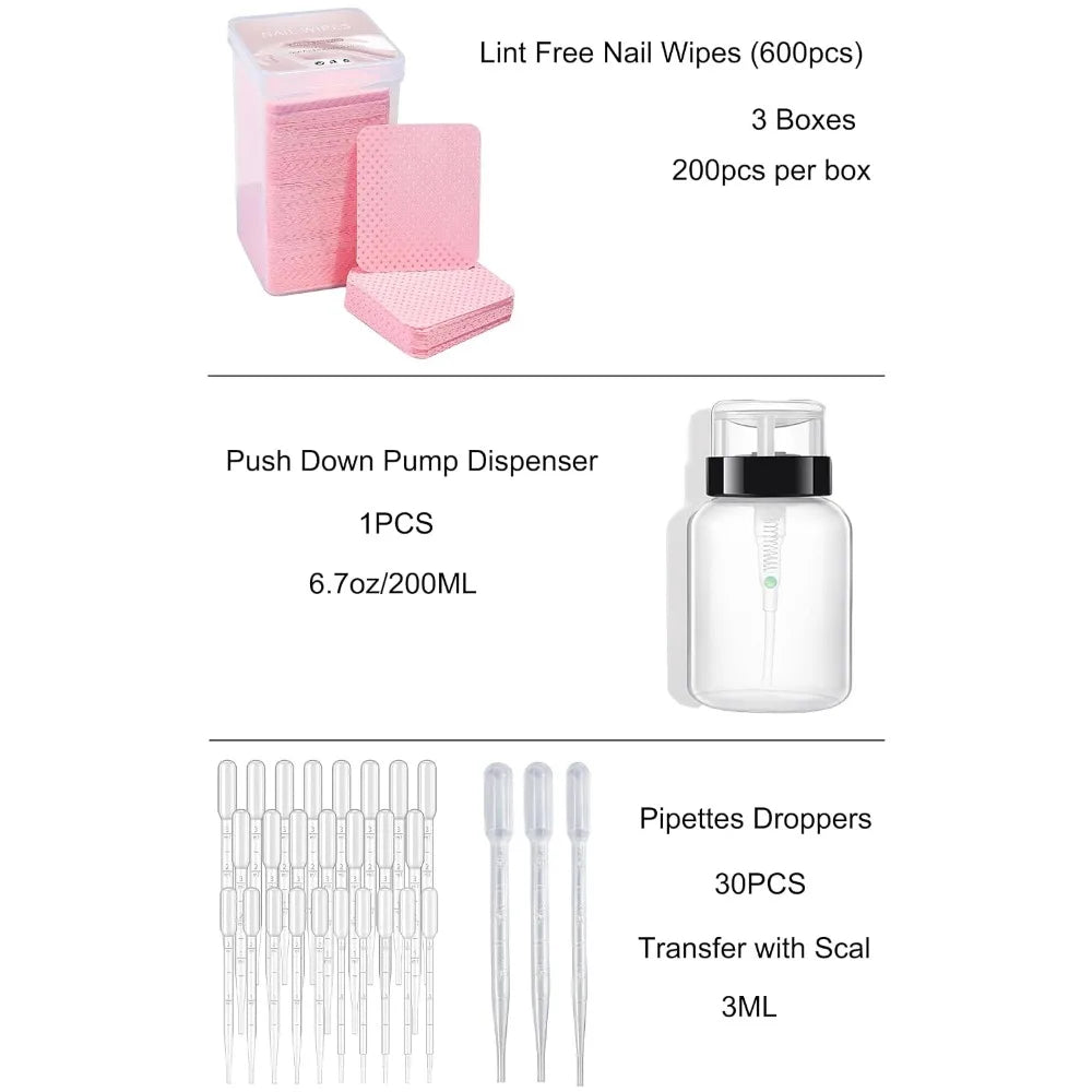 Nail Polish Remover Wipes with Dispenser, 600pcs for Gel Nails with Pump and 30 Pipettes