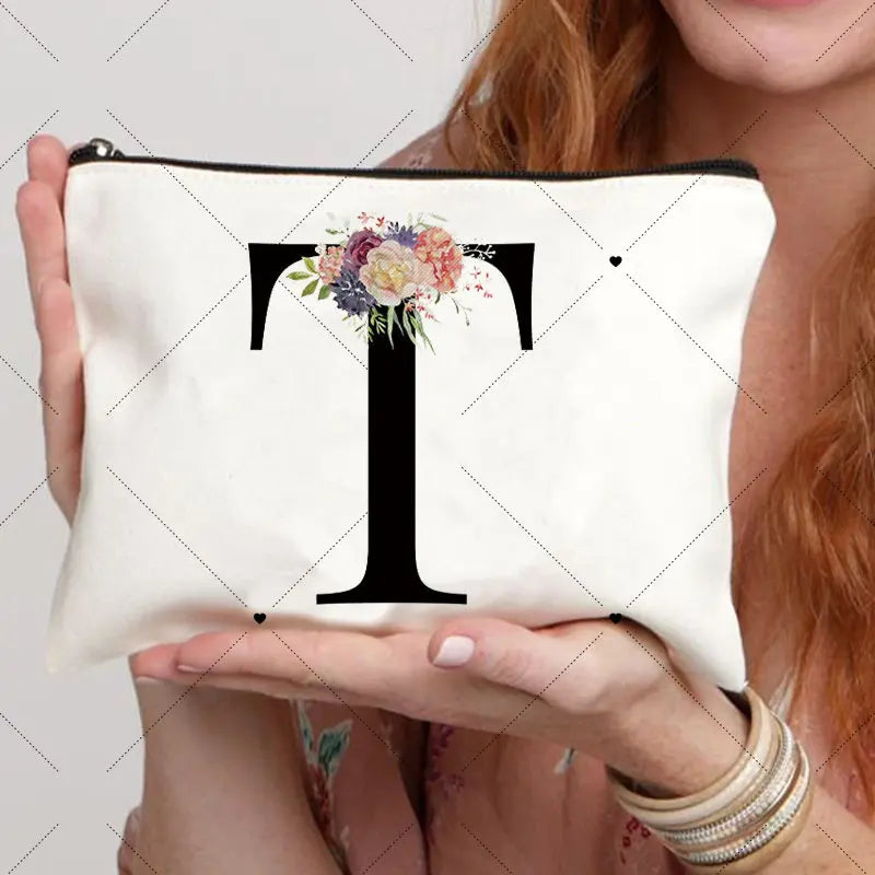 Floral Letter Bridesmaid Makeup Bags Bachelorette Party Gift Children Travel Bag Zipper Pouch Travel Organizer Case Cosmetic Bag