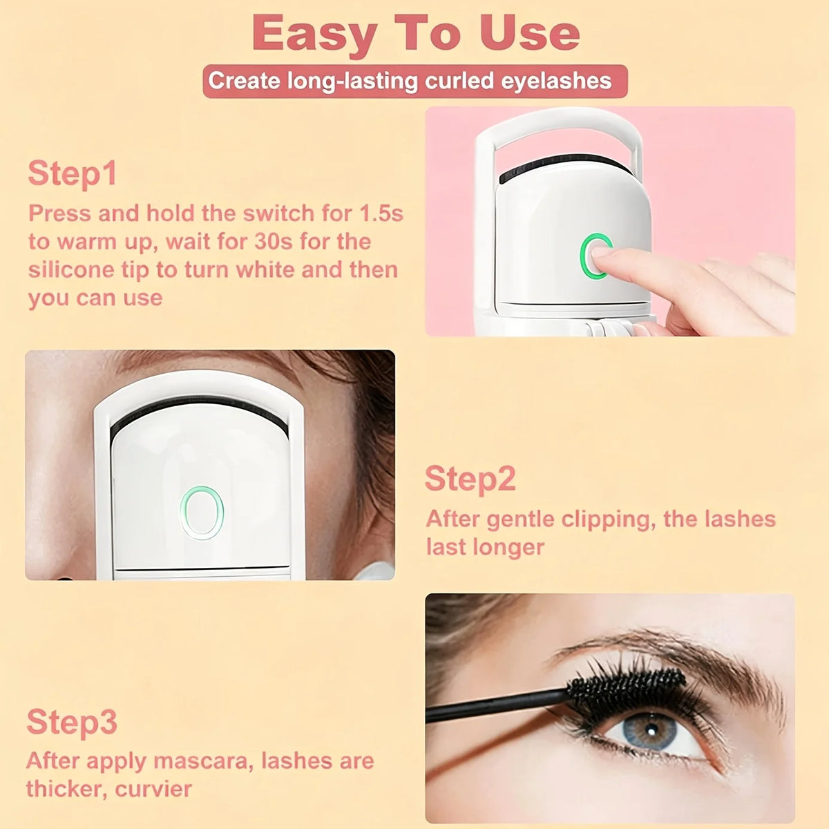 Electric Heated Eyelash Curler USB Rechargeable 2 Mode Quick Heating Lash Curler Natural Long Lasting Curl Makeup Tool