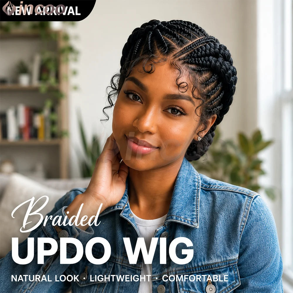 Short Cornnrow Braid Wigs Buns Glueless For Black Women Synthetic HD Full Lace Wig Neat Braids Wig African Protective Style