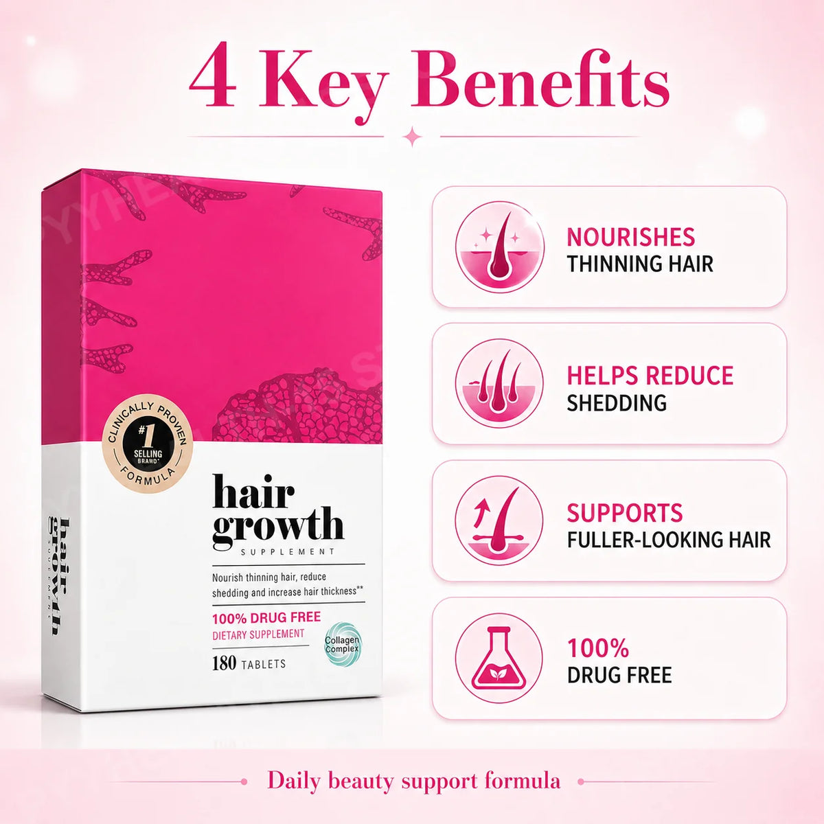 Hair Support Supplements for Women, Thicker Fuller-Looking Hair Beauty Support, with Biotin and Marine Collagen, 180 Tablets