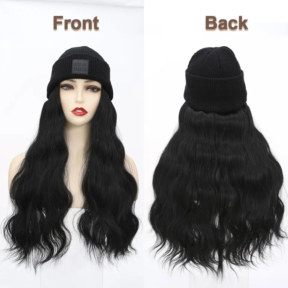 Hat Wig Knitted Beanie Wig Hat Hair Extension 11''18'' Long Wavy Curly Black Hat Wig Synthetic Hairpiece for Women Girls Winter