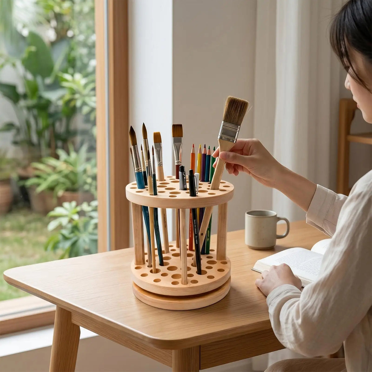 Rotating Wooden Brush Holder for Desk Two Tier Pine Pen Organizer with Pencil Storage for Artists