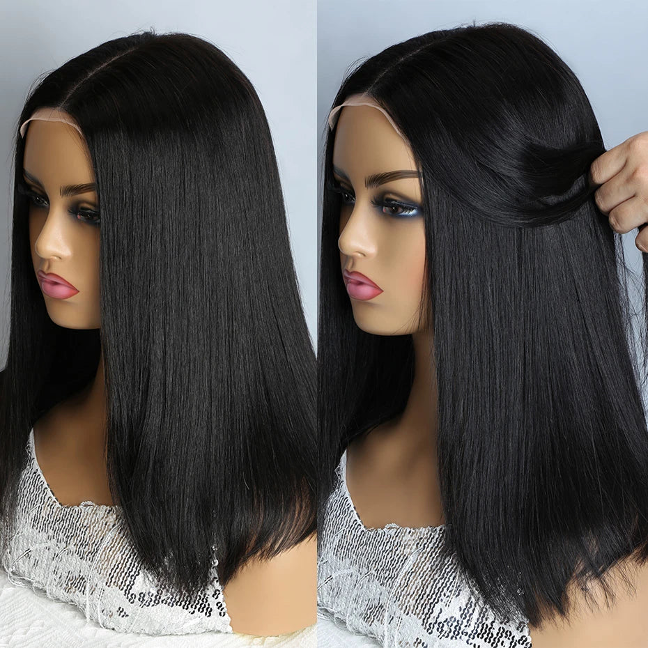 Natural Black Bob Wig Human Hair Blunt Cut Bone Straight 13x4 Transparent Lace Front Wig Ear to Ear Shoulder Length Straight Bob Wigs For Women 250% 280% Density