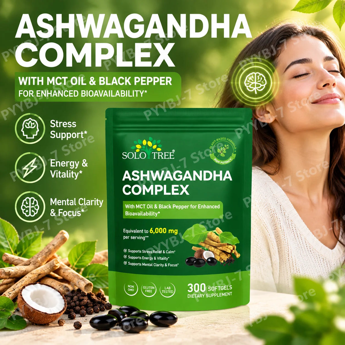 Ashwagandha Complex Softgels with MCT Oil and Black Pepper 20:1 Extract Stress Relief, Mental Focus Energy Support 300 Softgels