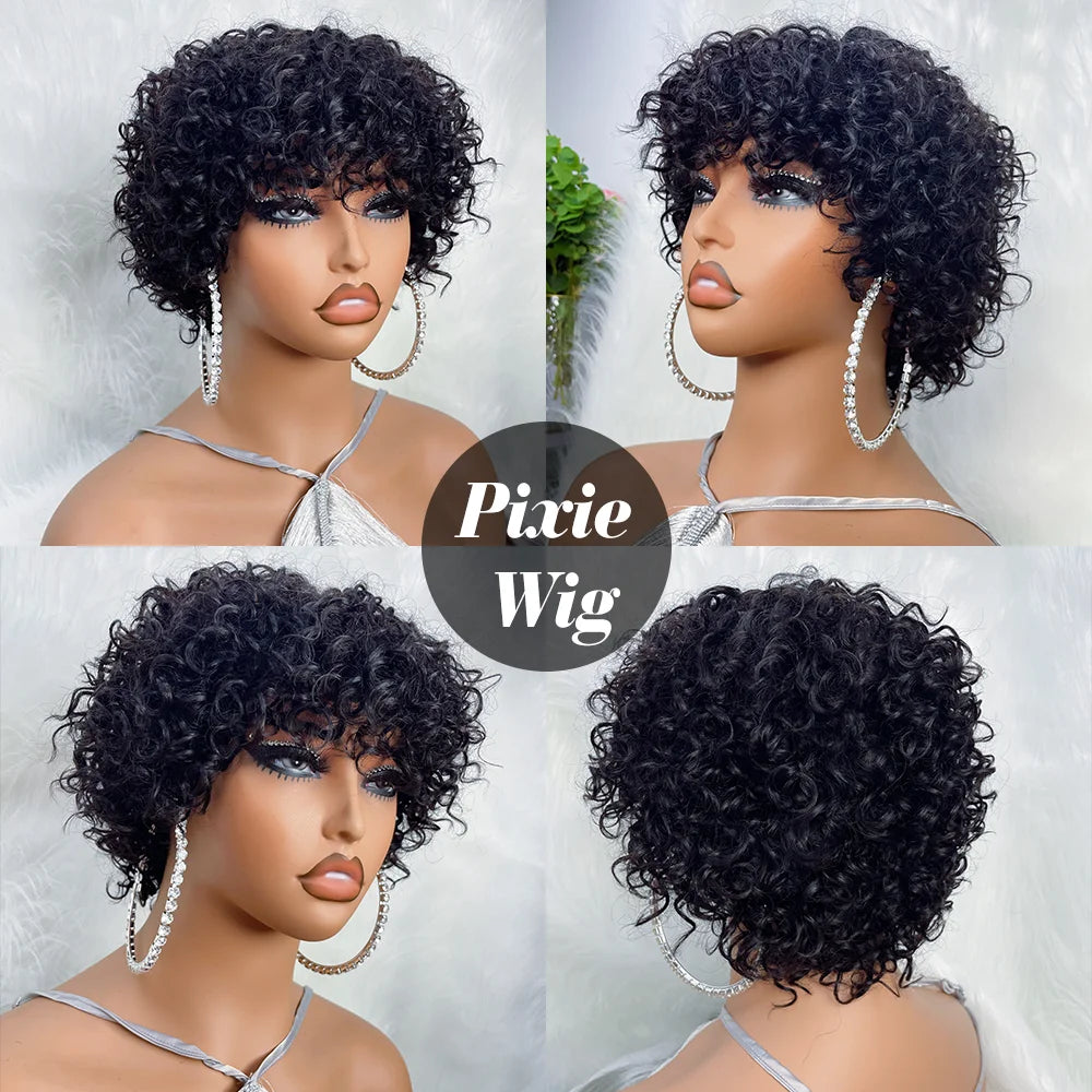 Pixie Cut Human Hair Wigs For Black Women Afro Rose Curly Funmi Glueless Wigs with Bangs Short Bouncy Curly Bob Wig With Bangs
