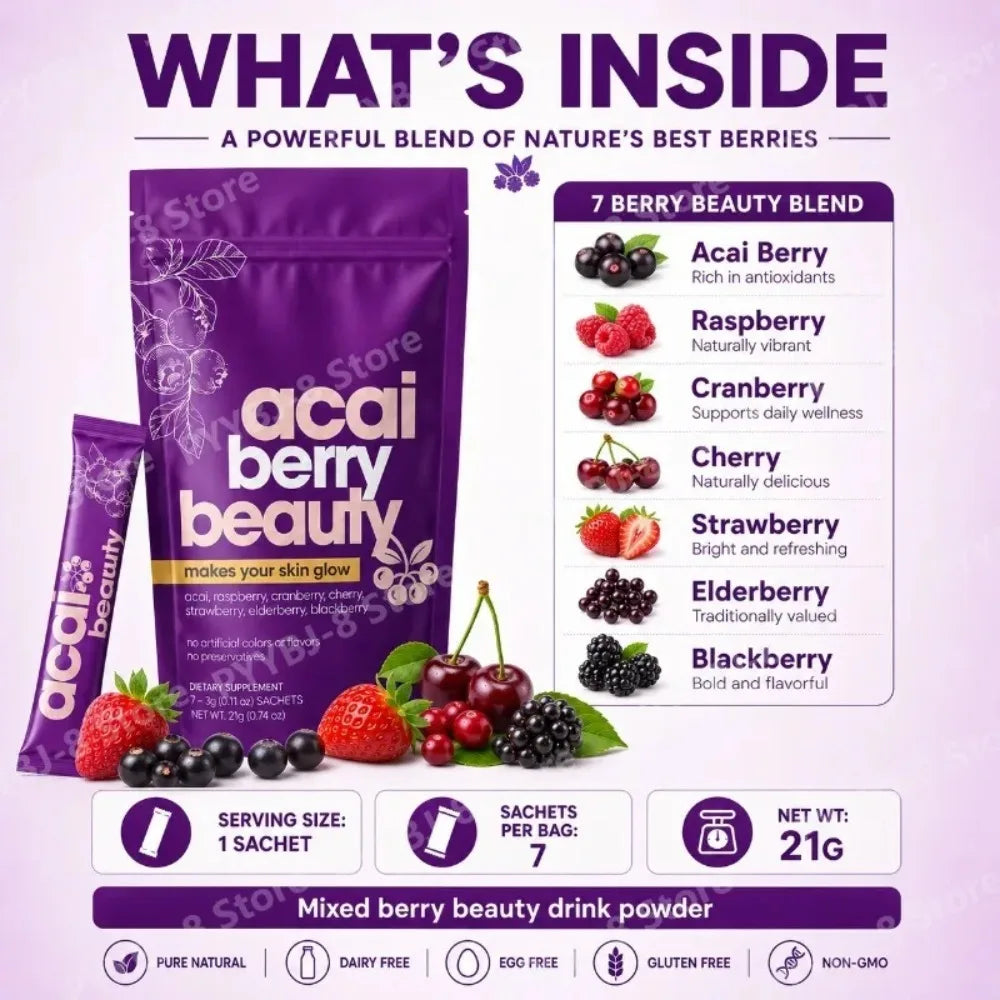 Beauty Berry Drink Powder for Daily Glow Support | Acai Raspberry Cranberry Elderberry Blend | 7 Sachets | Natural Antioxidant