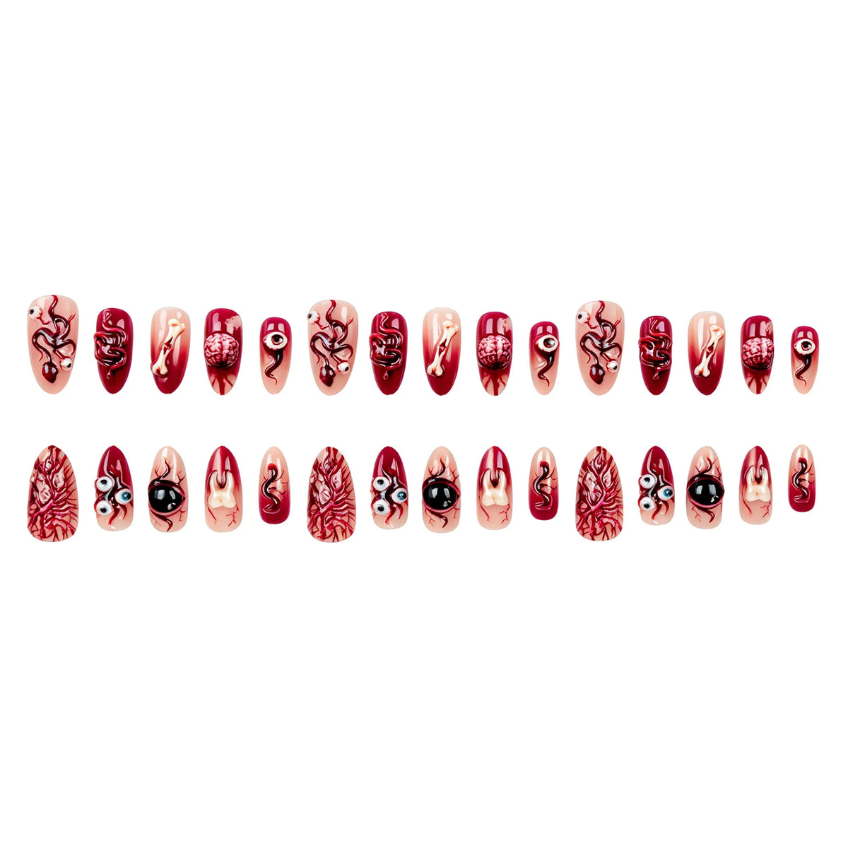 30pcs Bloody Red French Style Fake Nails Spooky 3d Eyeballs Tooth Vascellum Decor Press On Nails Horror Halloween False Nail