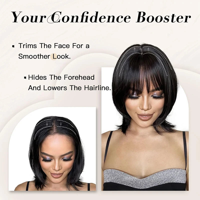 100% Human Hair 7X10cm Hairnet with French Bangs Toupee 25cm Straight Clip in Hair Extension Improve Volume Topper Hair Pieces