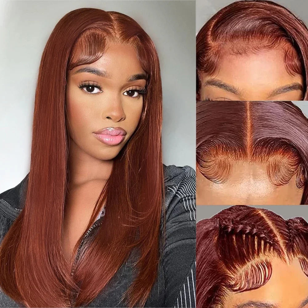 HD Straight Lace Front Wig Layered Wigs Reddish Brown Layered Cut Lace Wigs Copper Red Synthetic Butterfly Haircut Glueless Wigs