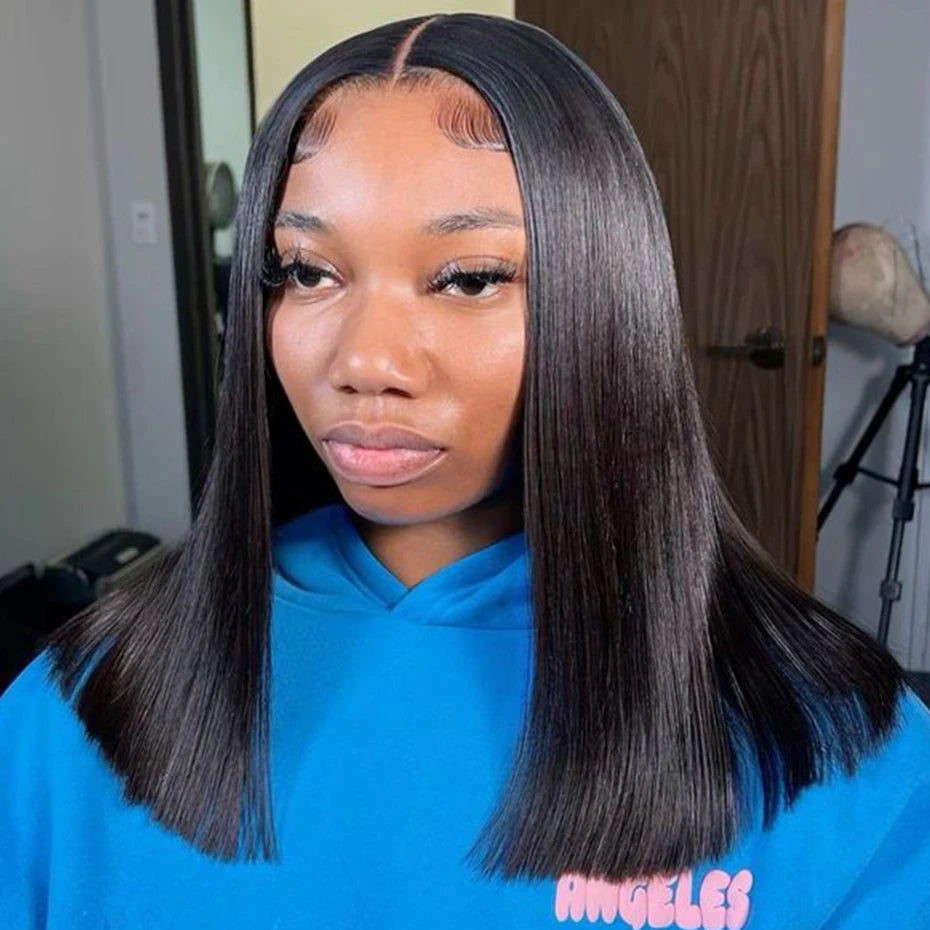 Natural Black Bob Wig Human Hair Blunt Cut Bone Straight 13x4 Transparent Lace Front Wig Ear to Ear Shoulder Length Straight Bob Wigs For Women 250% 280% Density