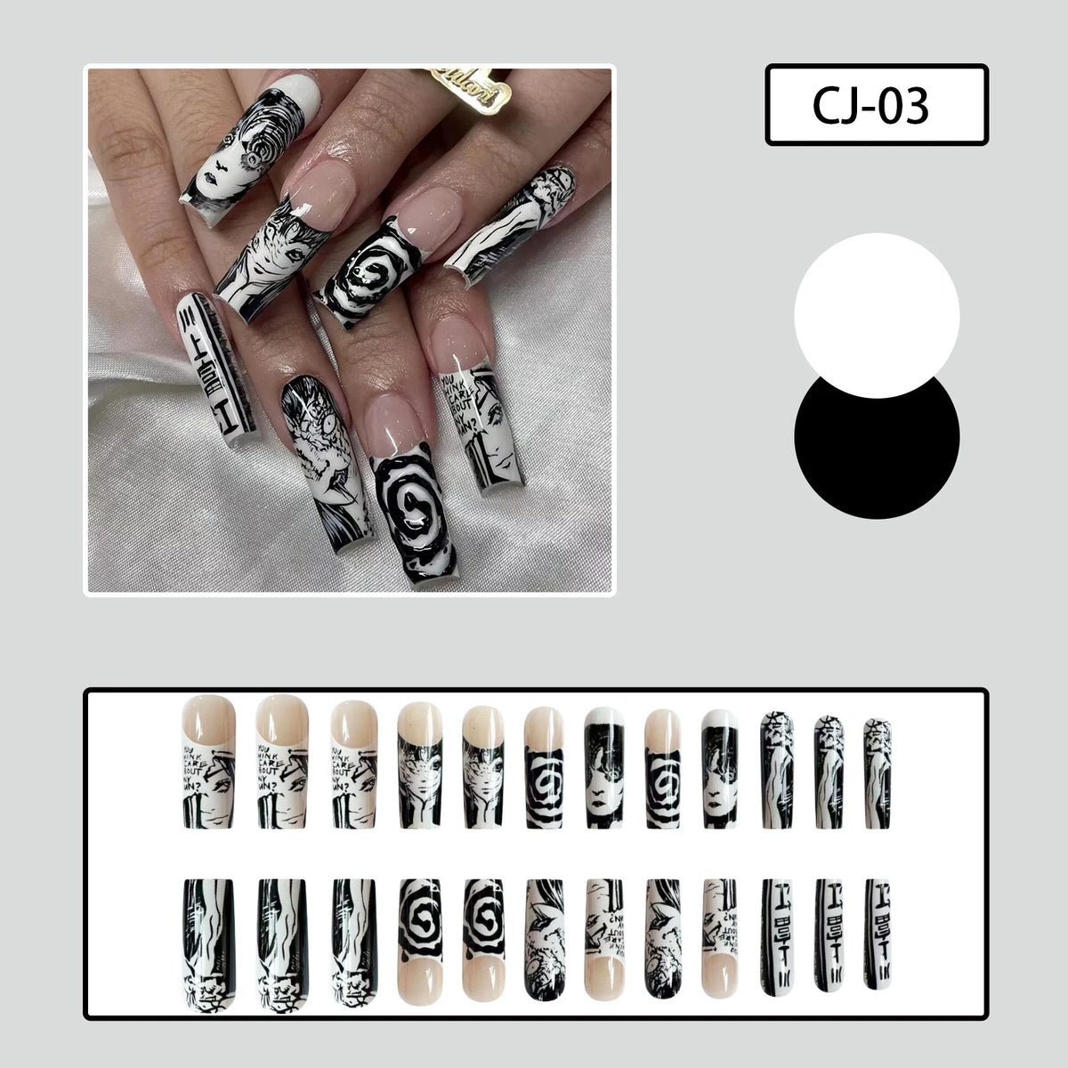 24pcs Horror Manga Press on Nails Halloween Face Eye Swirl Thorn Cat Fake Nail Gothic Spooky Long Stiletto False Nail for Women