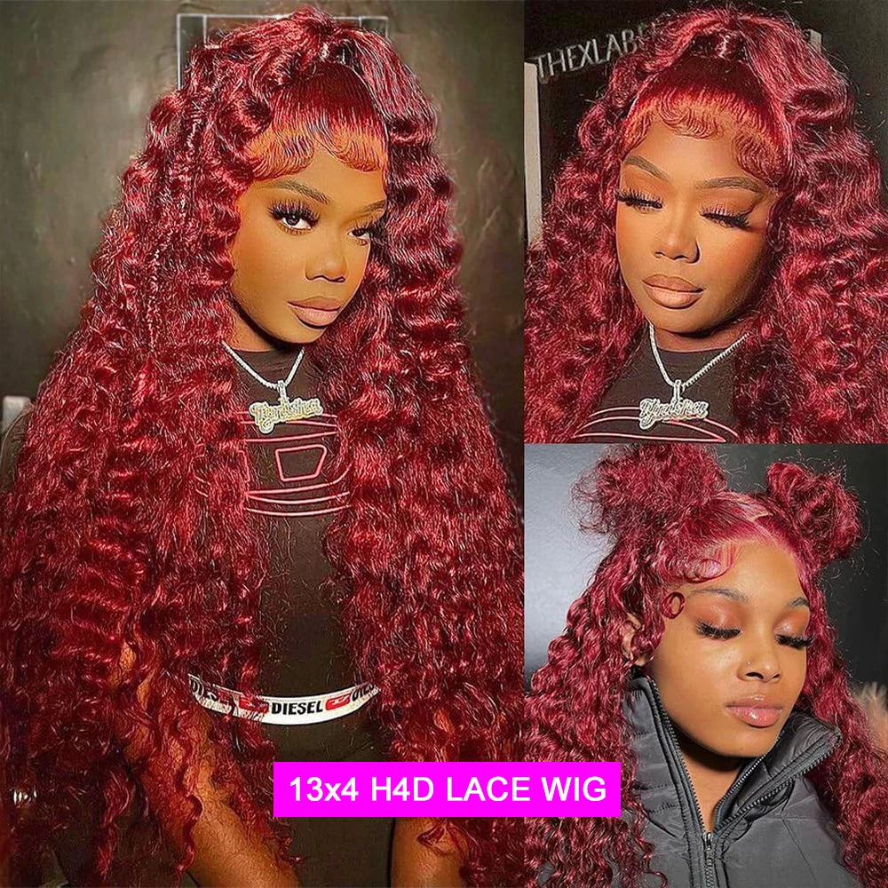 13x4 HD Transparent Lace Front Wig Red Deep Wave Human Hair 200 Density Glueless Pre Plucked Natural Hairline Wig For Women