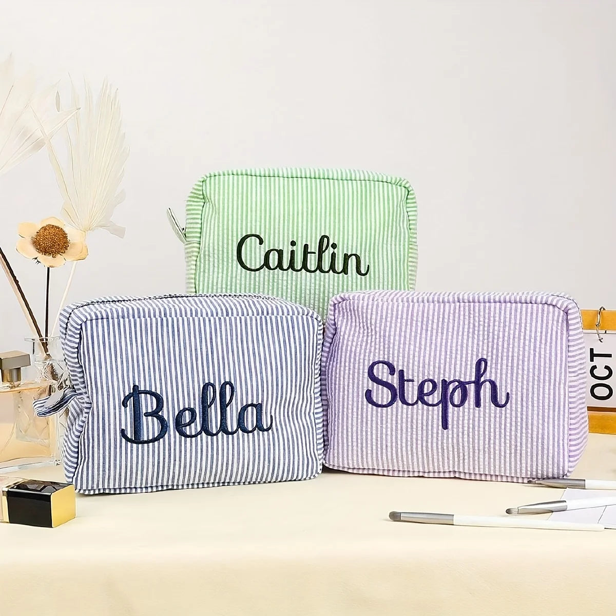 Custom Name Embroidered Makeup Bag Striped Cosmetic Pouch Travel Toiletry Organizer Large Capacity Zipper Pencil Case Gift Women