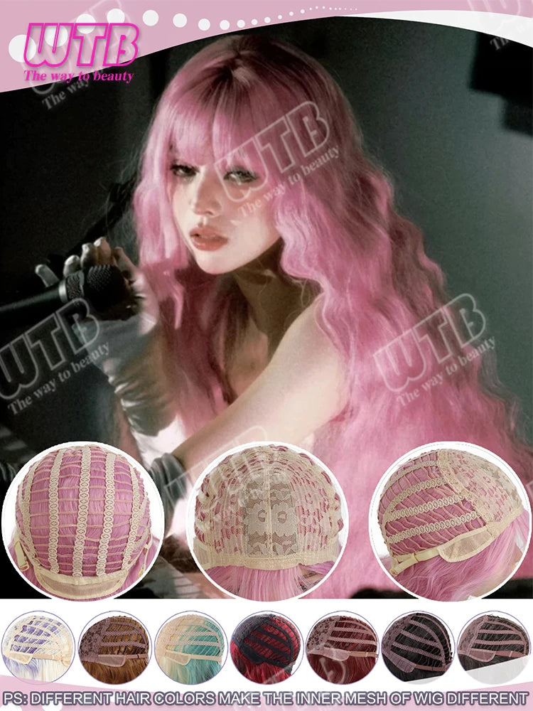 Synthetic Wig Pink Extra Long Wavy Curly Wig Lolita Wig with Bangs Suitable for Women to Wear for Holidays Parties and Cosplay