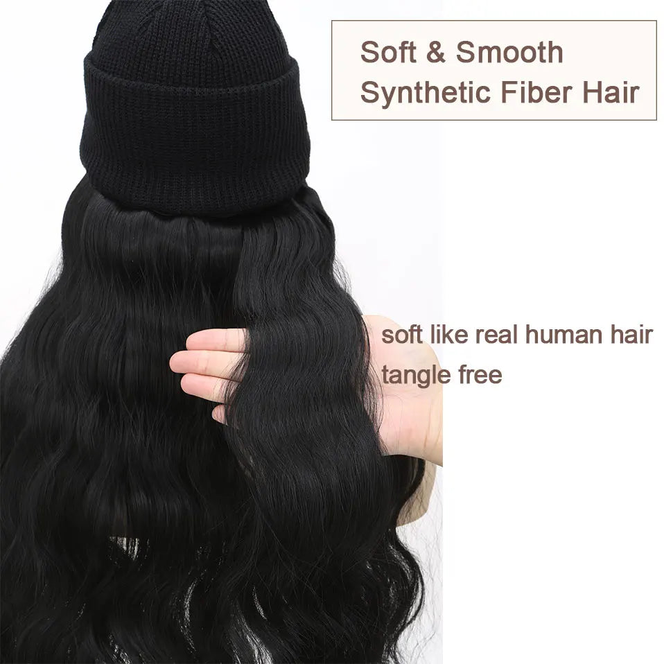 Hat Wig Knitted Beanie Wig Hat Hair Extension 11''18'' Long Wavy Curly Black Hat Wig Synthetic Hairpiece for Women Girls Winter