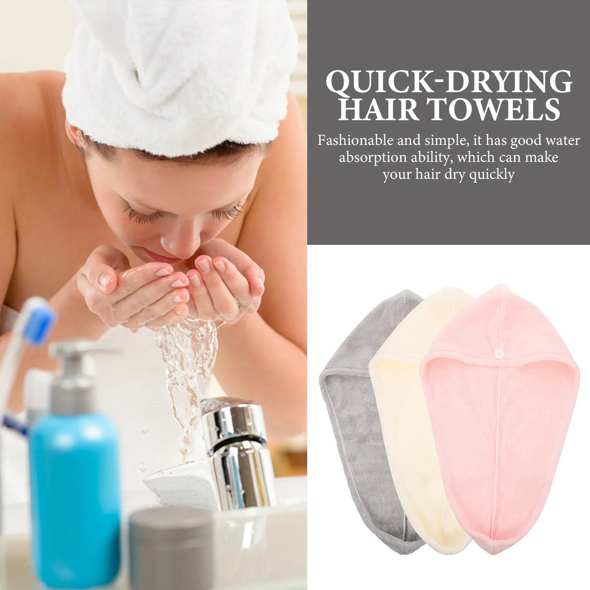 3Pcs Practical Hair Wrap Fashionable Simple Design Not Too Tight Girls Head Towels Fast Drying Water-Absorption Towels