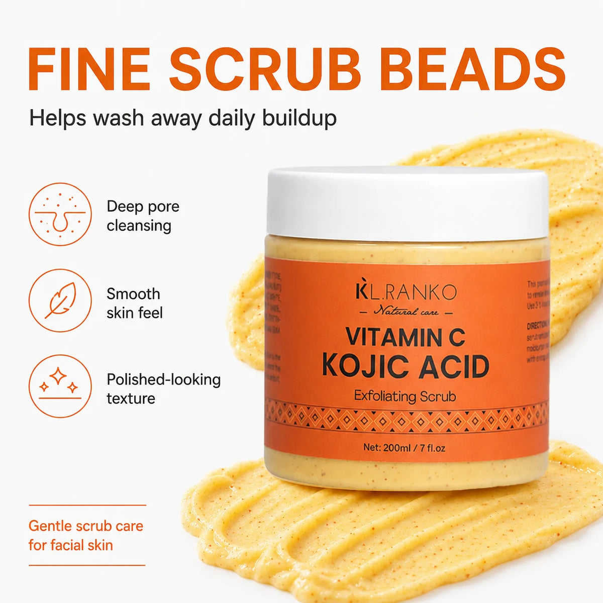KL.RANKO Vitamin C & Kojic Acid Exfoliating Scrub | Face Scrub & Exfoliating Body Scrub - Vitamin C and Kojic Acid Body Scrub for Brightening, Exfoliating & Soothing, Even Skin Tone Care, Korean Skincare, 200ml/7 fl.oz