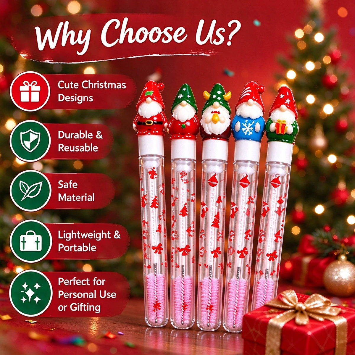 5Pcs Christmas Eyelash Brushes with Tube, Reusable Santa Mascara Wand, Dustproof Eyebrow Comb Spoolies Lash Extension Xmas Gifts