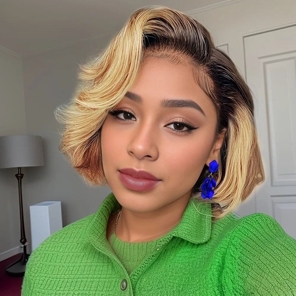 Straight Short Bob Wig 13x4 Lace front Bob Wigs Brazilian Human Hair Wig Preplucked For Woman Short Pixie #1B30 Color ﻿