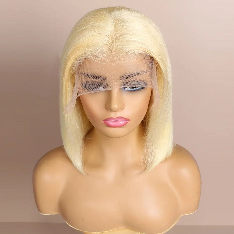 Short Bob Wig Human Hair 13x4 13x6 Transparent Lace Front Human Hair Wigs For Women 613 Honey Blonde Color Lace Frontal Wigs Pre Plucked 220% Density 10 12 14 inch Straight Brazilian Hair