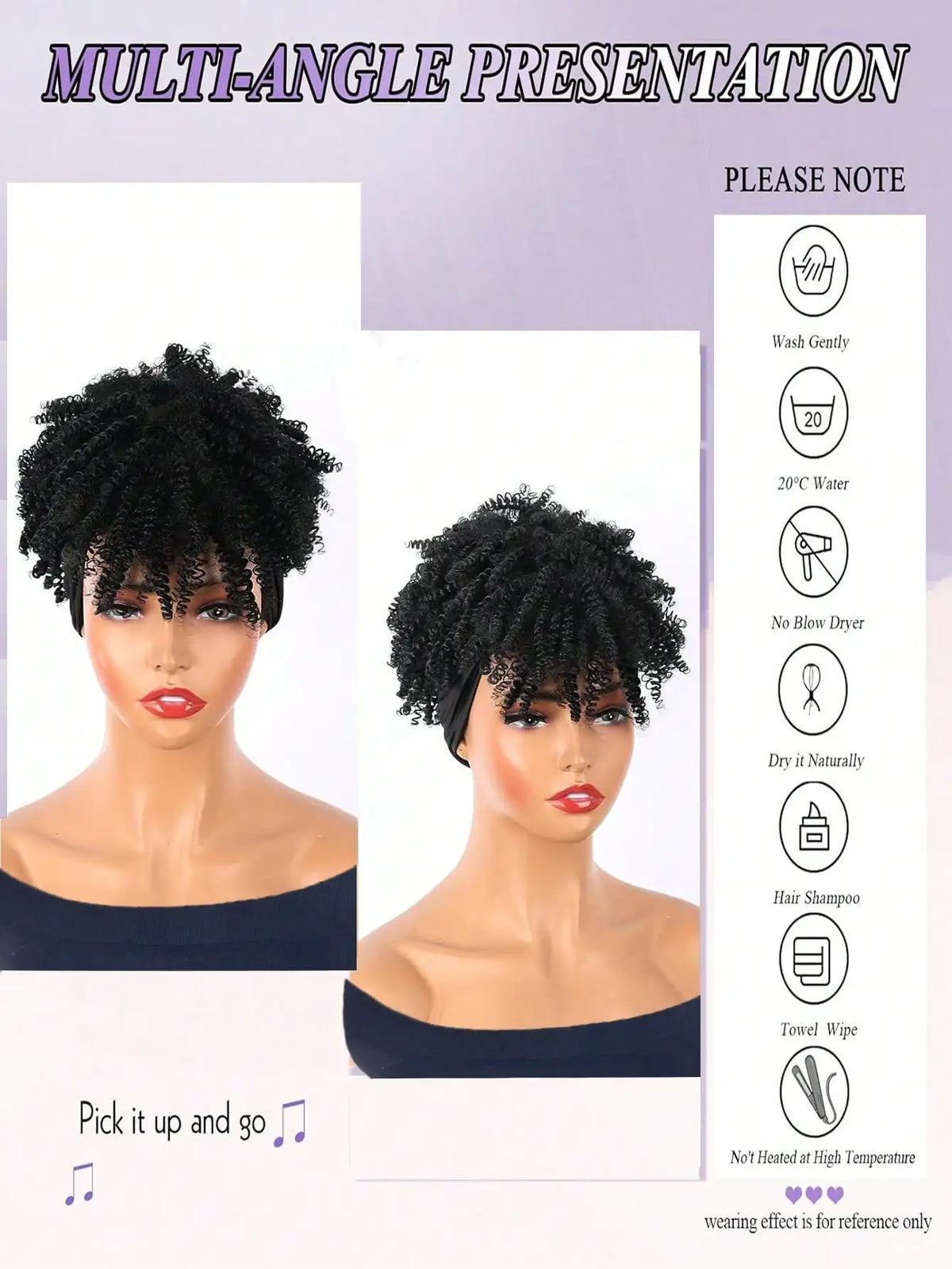Headband Wigs for Synthetic Short Afro Kinky Curly Wigs Dark Brown Wig with Bangs Wrap Wigs 2 in 1 synthetic Wig Drawstring