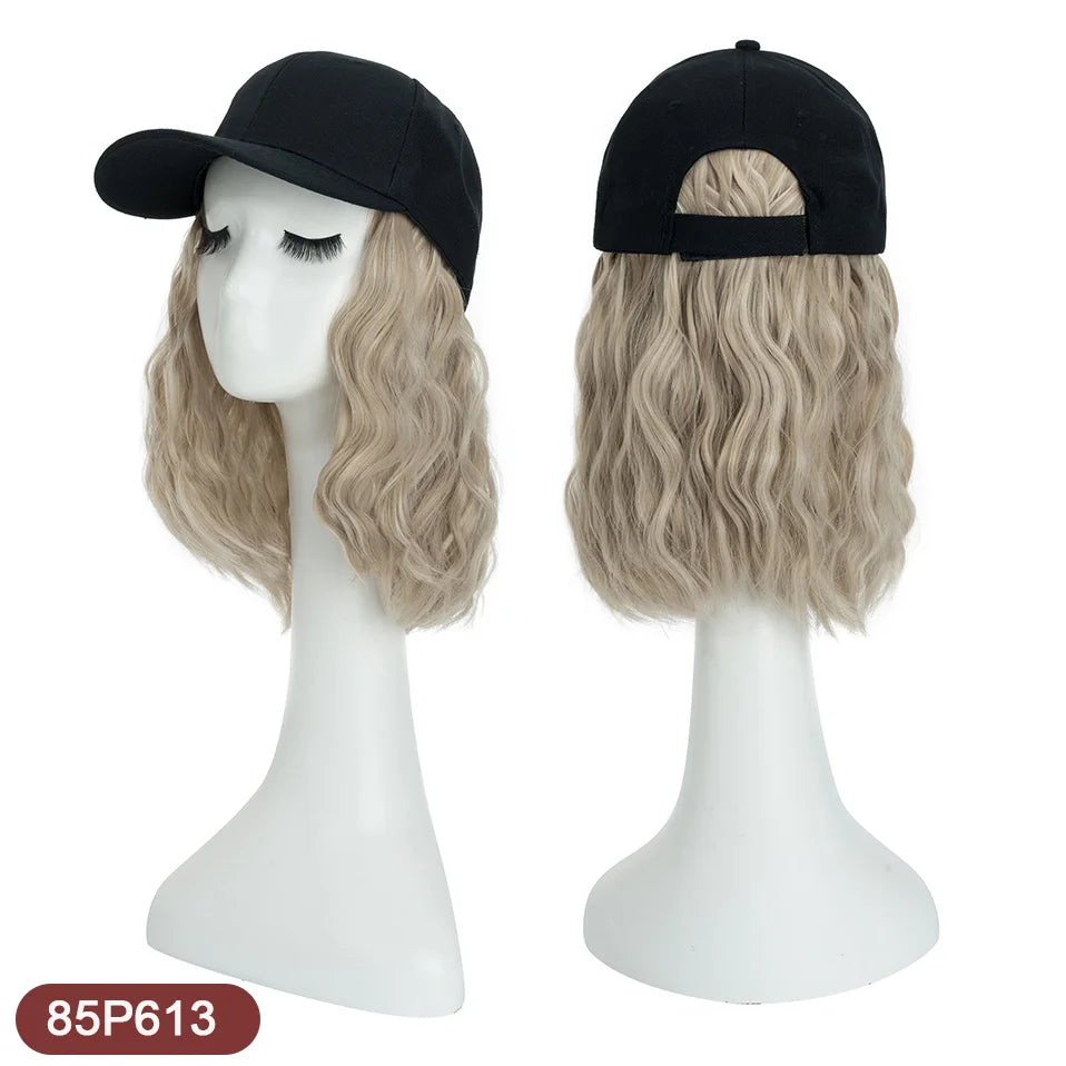 Benehair Hat Wig for Women 8 Inches Wave Baseball Cap Wig with Curly Hair Extensions Wig Synthetic Wave Wig Hat Adjustable Brown