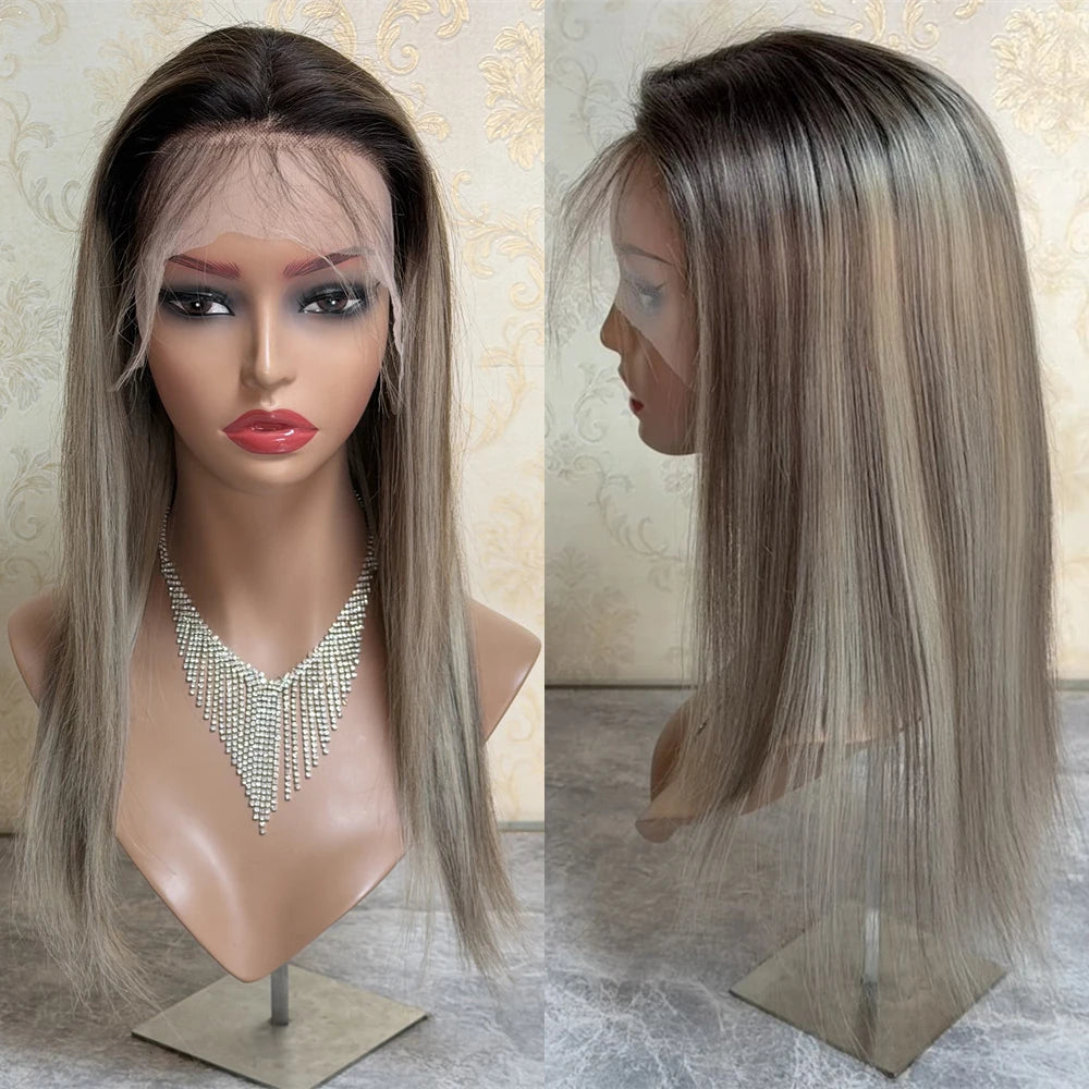Brazilian Virgin Human Hair Wig 18" Highlights Straight Wig Dark Rooted Ash Blonde Glueless HD Lace Frontal Wig 13x4 for Women