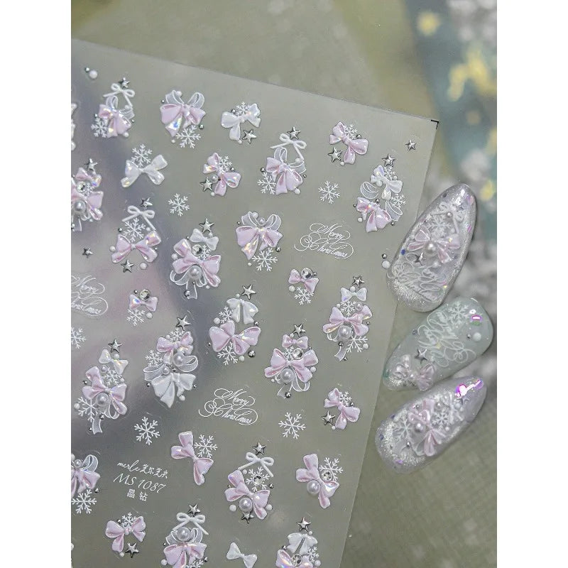 1Sheet 5D Embossed Christmas Ribbon Nail Decals Snowflake Pearl Star Stickers Decor for Nails Phone Case Resin DIY Craft