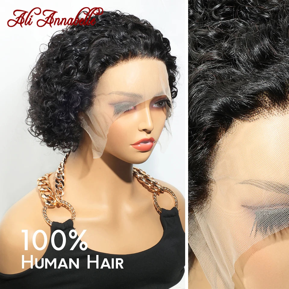 Ali Annabelle 13X1 Lace Part Curly Bob Wigs Human Hair Wigs For Women Short Pixie Cut Curly Bob Wigs Brazilian Transparent 150%