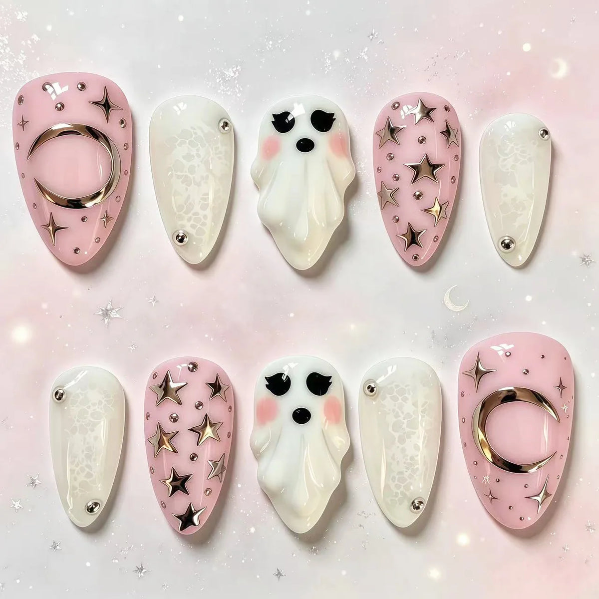Halloween Pink White Color Press on Nails With 3D Ghost Design Almond Fake Nails INS Sweet Star Moon Decor False Nails 30pcs