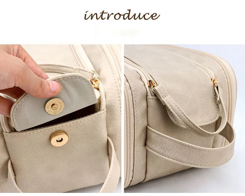 Multifunctional Makeup Bag For Women PU Leather Large Capacity Portable Double Zipper Travel Makeup Brush Toiletries Storage Bag