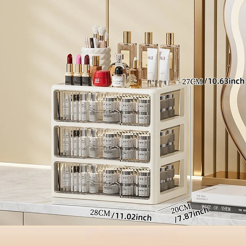 Cream Color Cosmetics Box,Multi-compartment Lipstick/Mask Organizer,Drawer Dresser for Skincare/Makeup Brushes,1–4 tiers