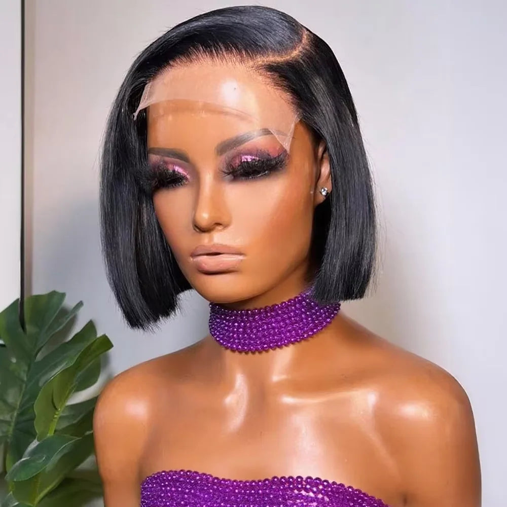 13x4 HD Bone Straight Lace Frontal Human Hair Brazilian Short Bob Wig For Women 220% Straight Lace Front Bob Wigs ﻿