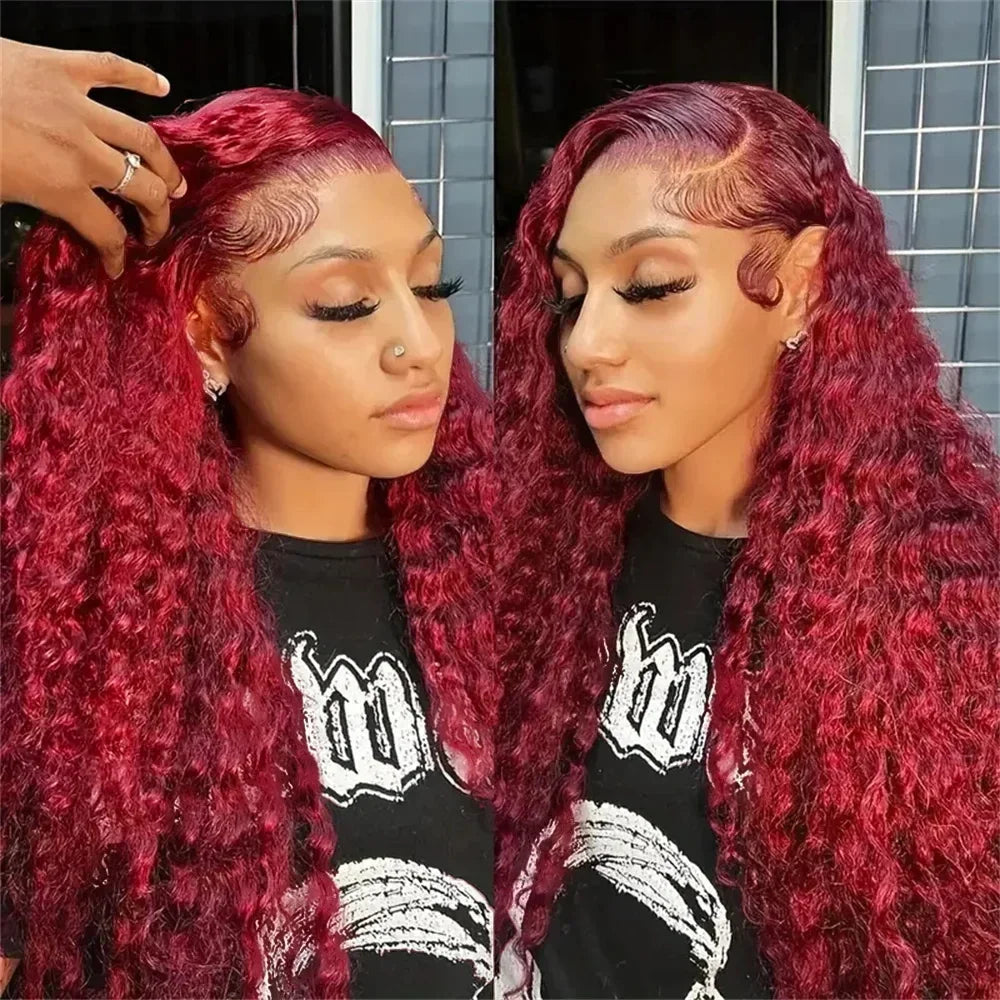 200 Density 13x4 Curly 99J Burgundy Lace Front Wig Red Wine Colored 30 38 Inch Deep Water Wave HD Lace Frontal Human Hair Wigs