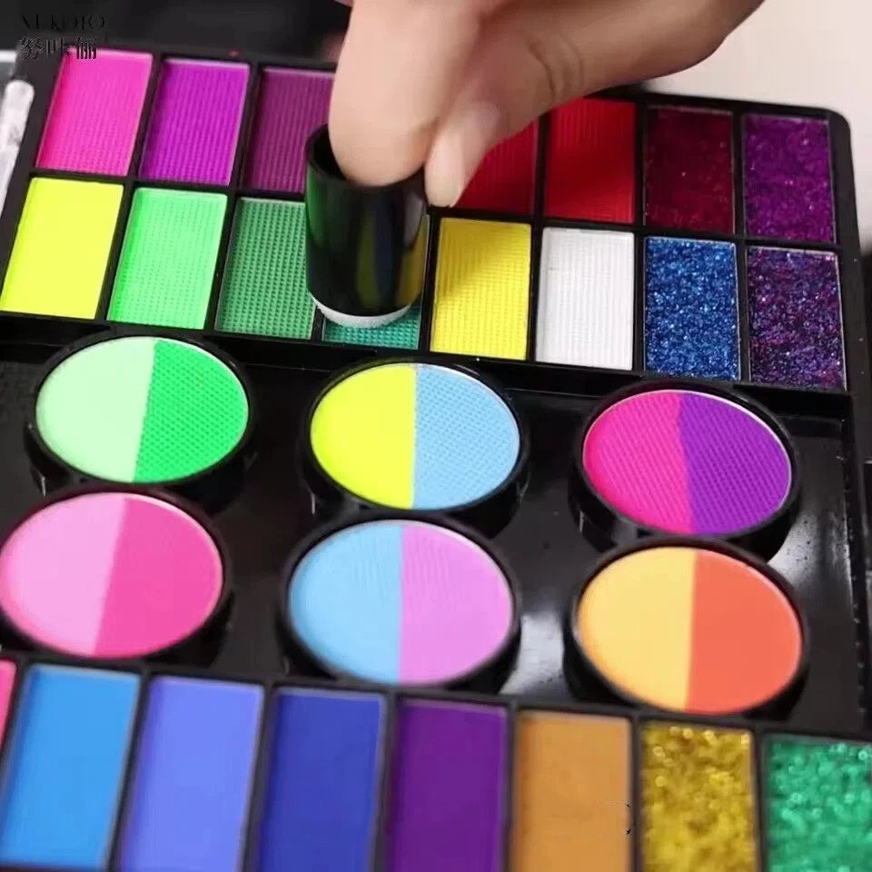 44-Colors Water-Based Face Paint Set with Glitter Makeup- Matte & Shimmer Face & Body Paint Palette Kit for Festivals Cosplaly