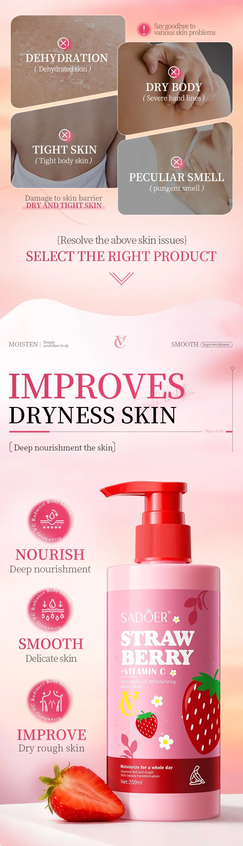 Strawberry VC Moisturizing Body Lotion Whitening Body Cream Lightening Skin Care Hand Cream Body Butter
