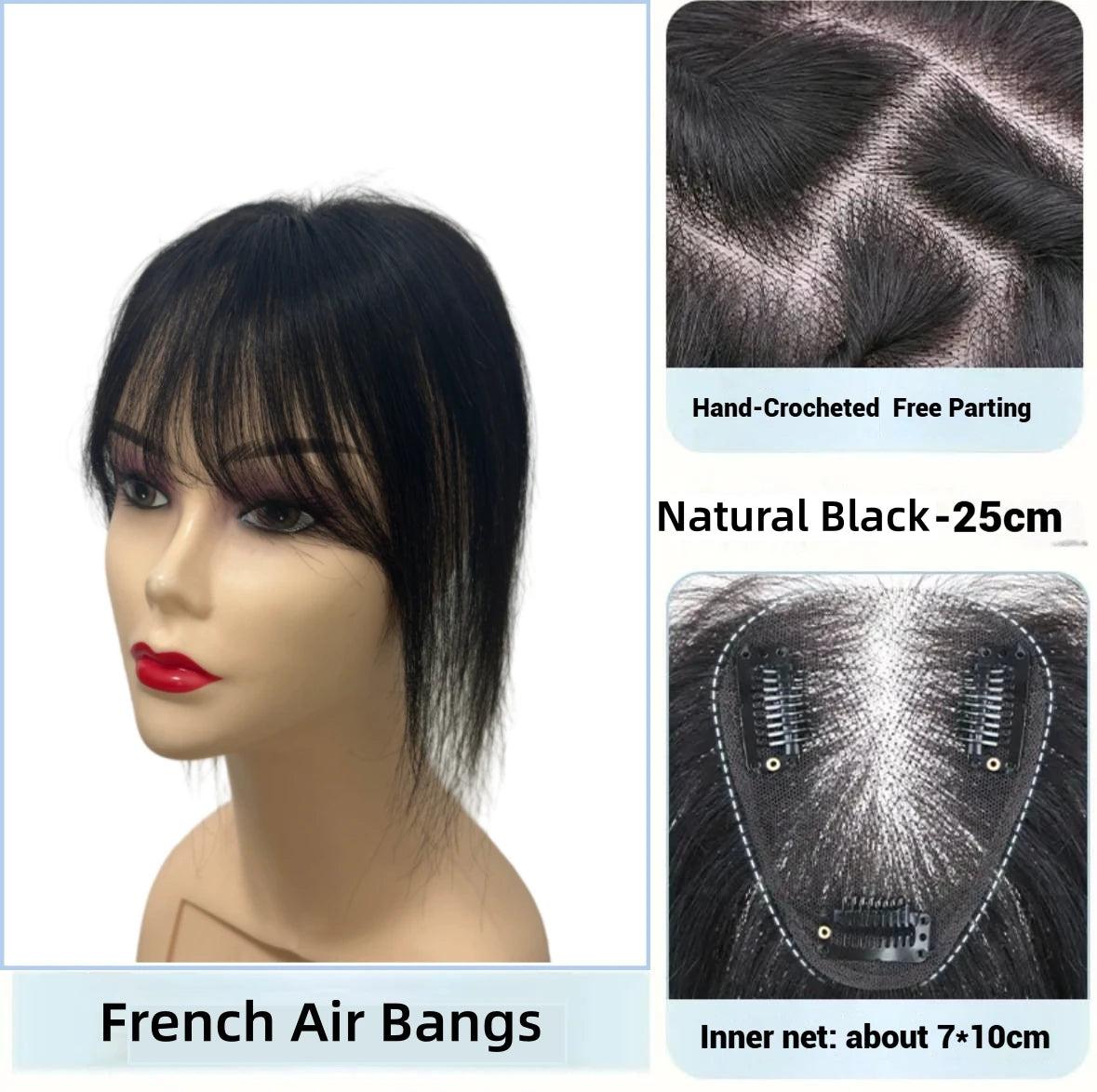 7x10cm Breathable Lace Human Hair Toppers 10 Inch Invisible Clip In Bangs for Women Natural Hairpieces Cover Thinning Hair Daily