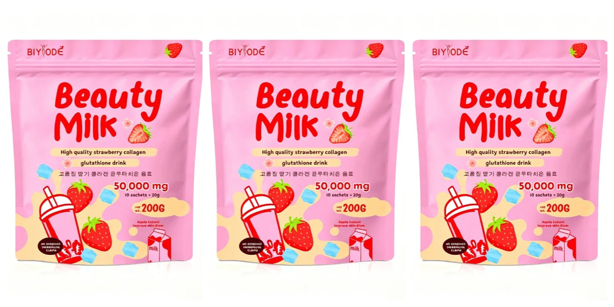 BIYODE Beauty Milk Strawberry Collagen Glutathione Powder Sachets Skin Glow Support with Vitamin D and Calcium, 10 Sachets