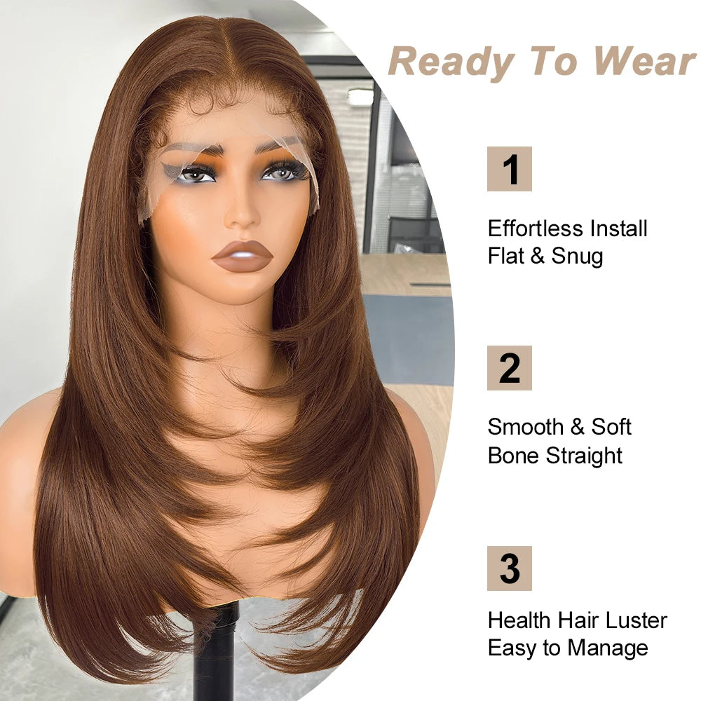 Chocolate Brown Layered Cut Lace Front Wigs HD 13X6 Straight Lace Front Wig For Women Synthetic Butterfly Haircut Glueless Wigs
