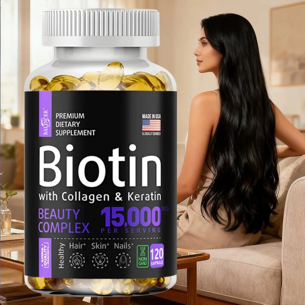 Biotin with Collagen & Keratin - Hair Growth Supplement for Women & Men, 15000 Mcg, Healthy Nails & Skin, 120 Capsules
