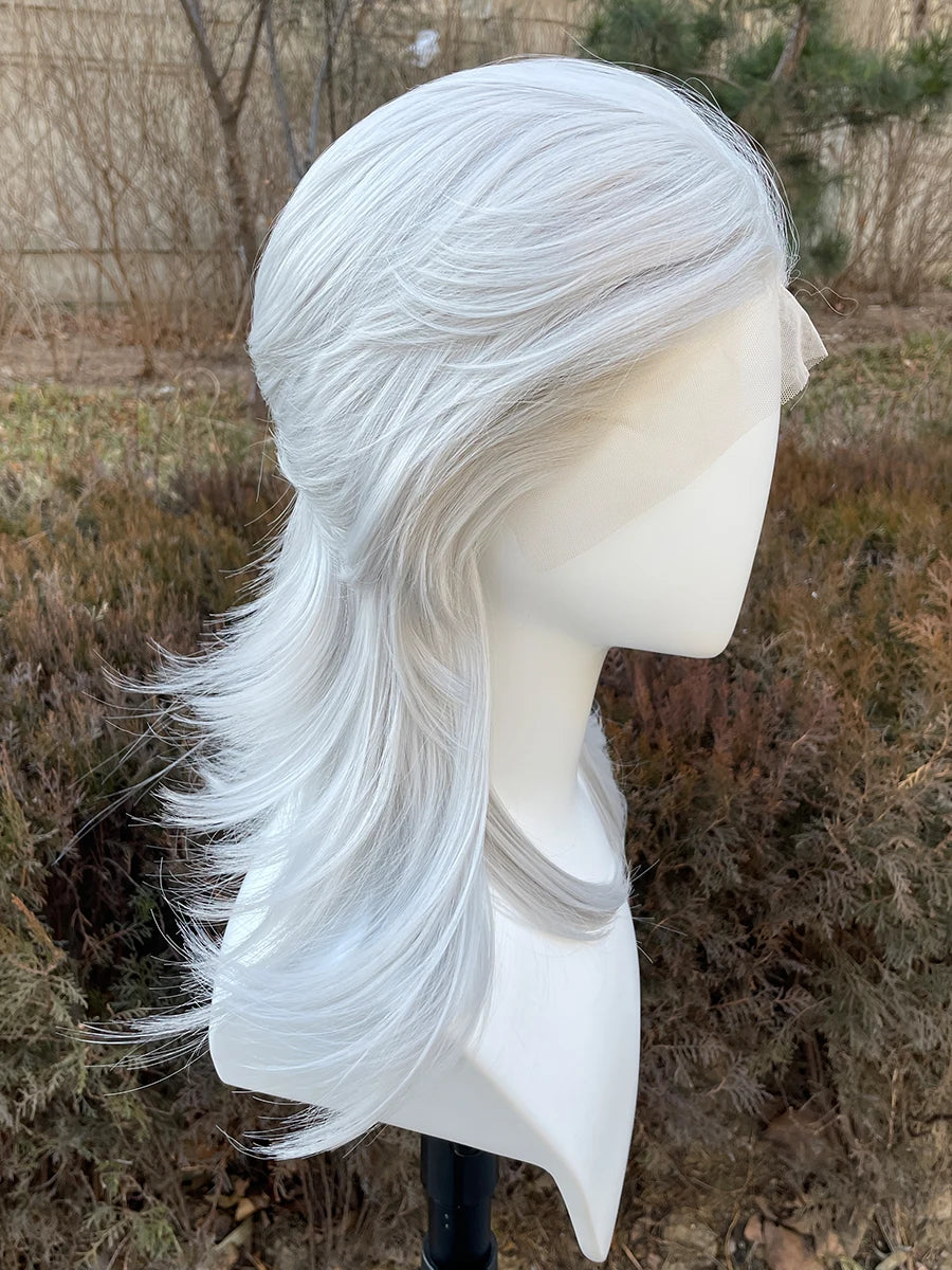 Sliver Gray 13x4 Synthetic Lace Front Wig for Women Cosplay Shoulder Length Mullet Synthetic Wigs Layers Ponytails Glueless Wigs