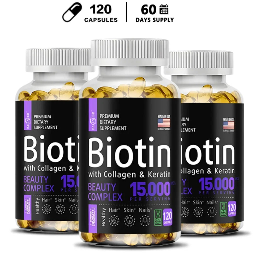 Biotin with Collagen & Keratin - Hair Growth Supplement for Women & Men, 15000 Mcg, Healthy Nails & Skin, 120 Capsules