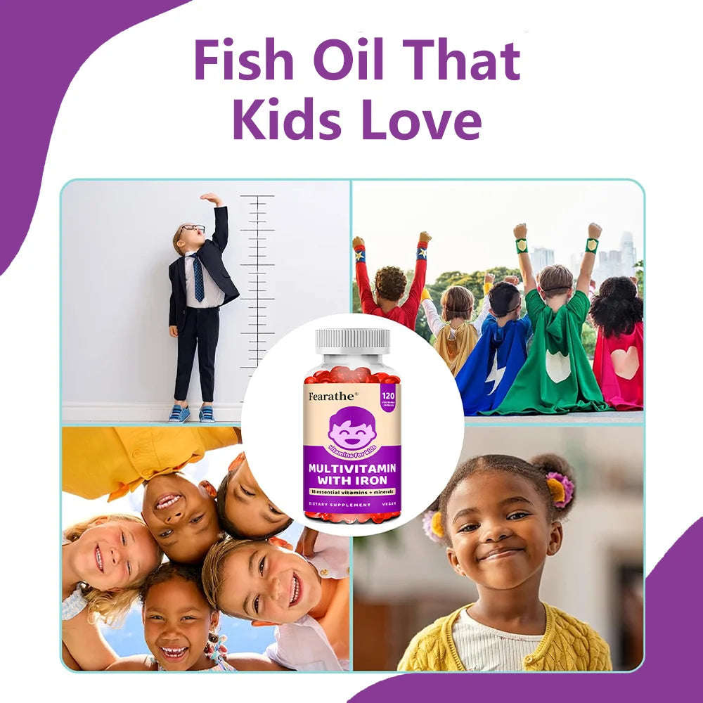 Kids Multivitamin Softgels with Iron, Zinc & Biotin, Daily Nutritional Supplement for Kids’ Growth, Immune & Brain Support