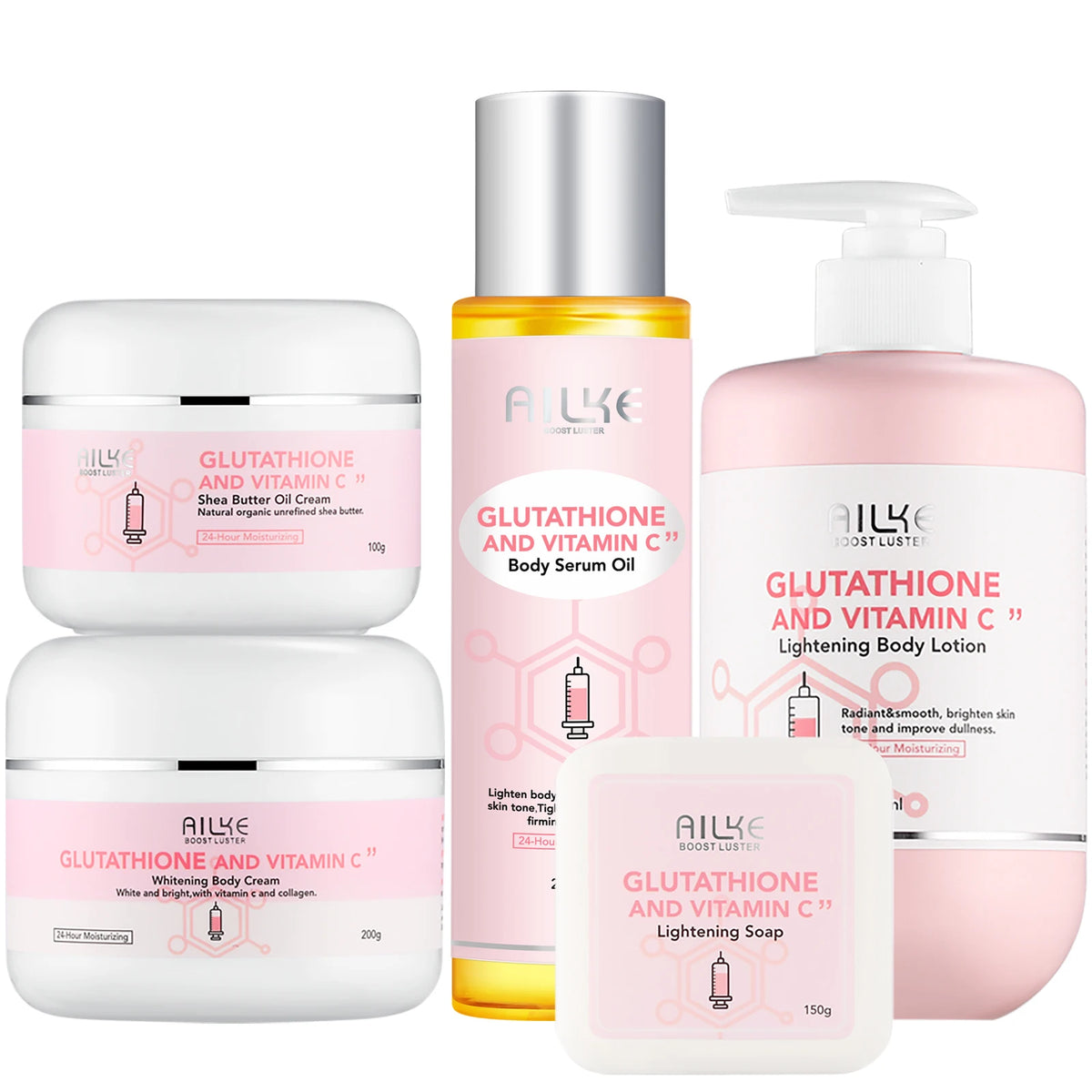 AILKE Glutathione & Vitamin C Kit, With Whitening Lotion, Moisturizing Cream, Lightening Soap, Spa Oil, Glowing Body Cream