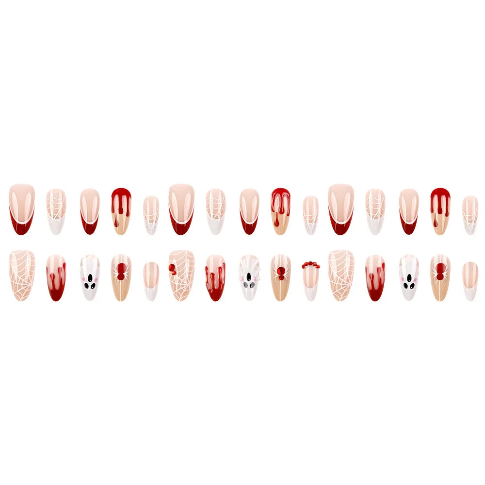 24Pcs Halloween Press On Nails White French Tip Burgundy Blood Drip Spider Web Spider Ghost Almond Fake Nails for Women