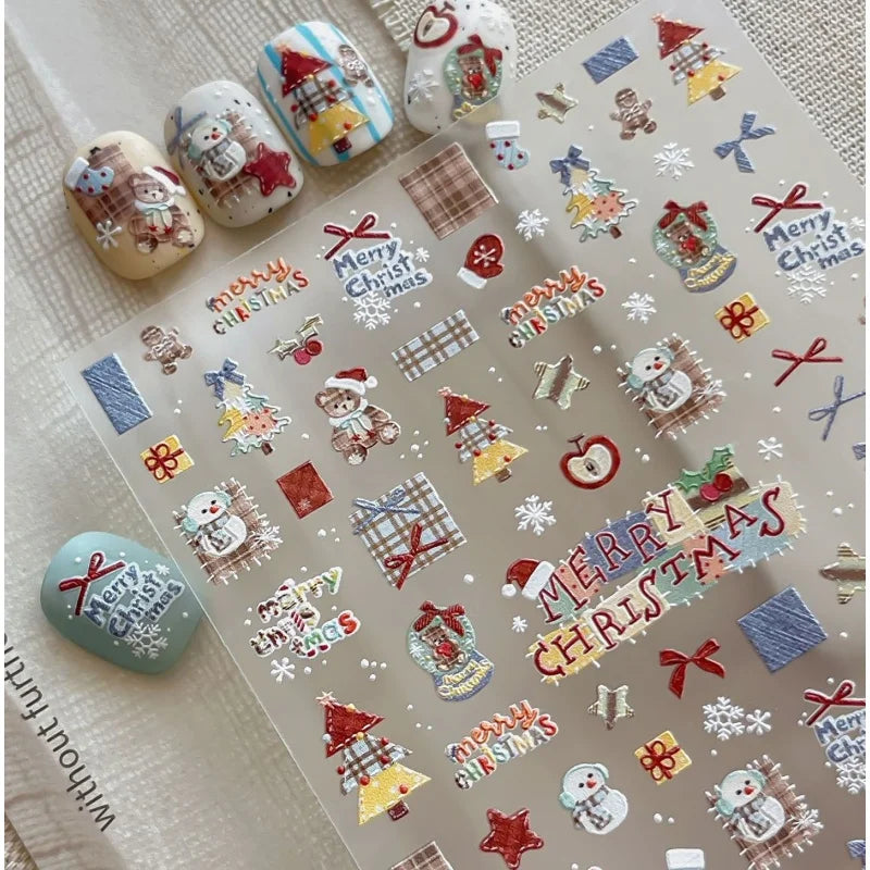 Cartoon Christmas Sticker Crystal Ball Tree Cloth Patch Snowflake Bear Bowknot Gift Stars Self adhesive Nail Decoration Stickers