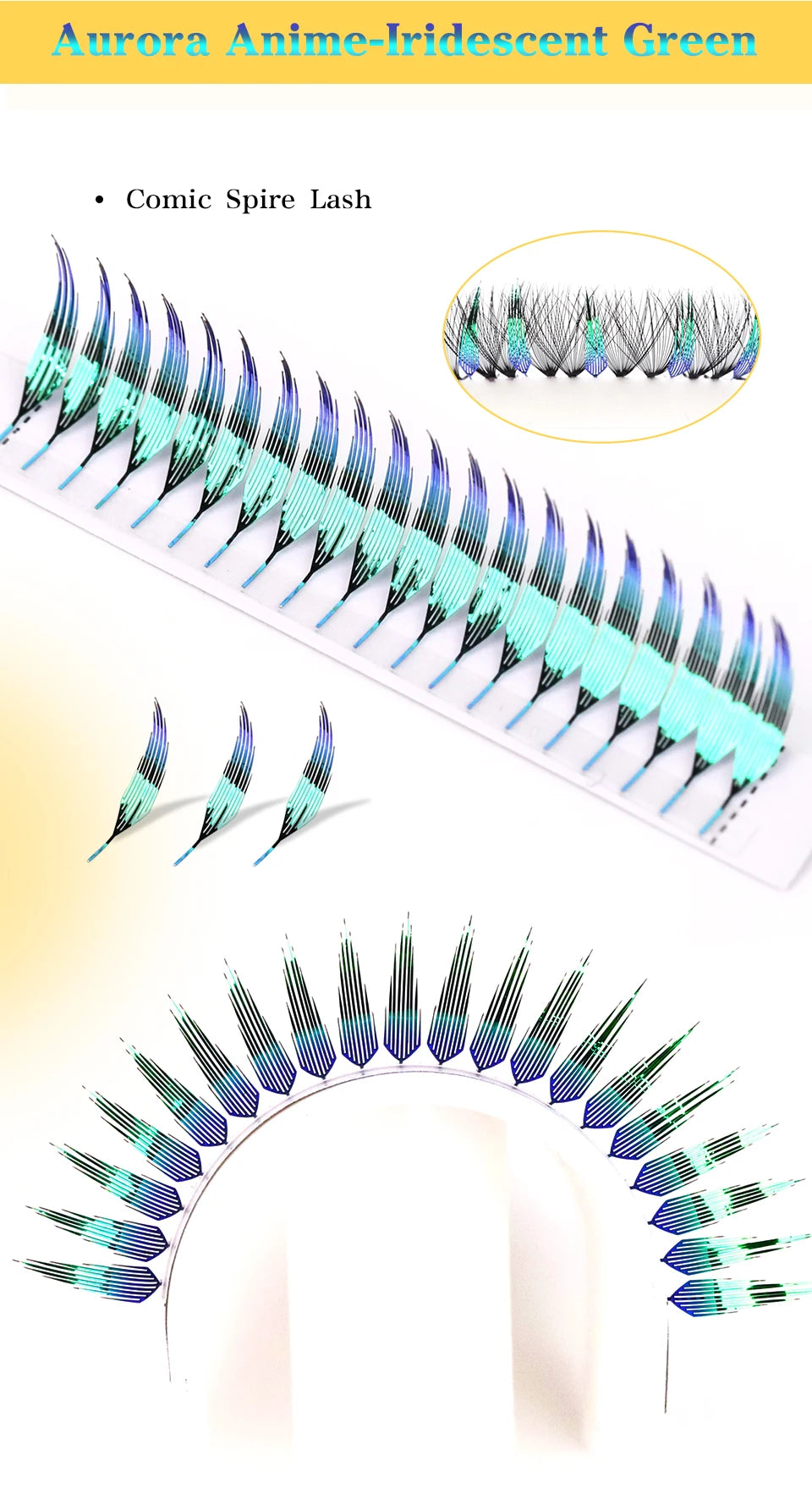 AGUUD Holographic Aurora Color Spire Eyelash Glitter Tinsel Anime Premade Fan Dual Side Color Comic Lash for Christmas Cosplay