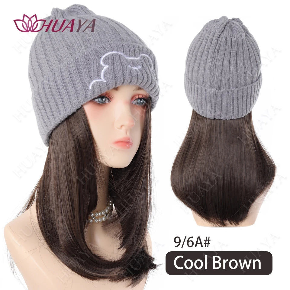 Synthetic Hat Wig Medium Length Straight Hair knitted Hat Wig Hair Extensions Accessories Autumn Winter Cap Warm Velvet Lining