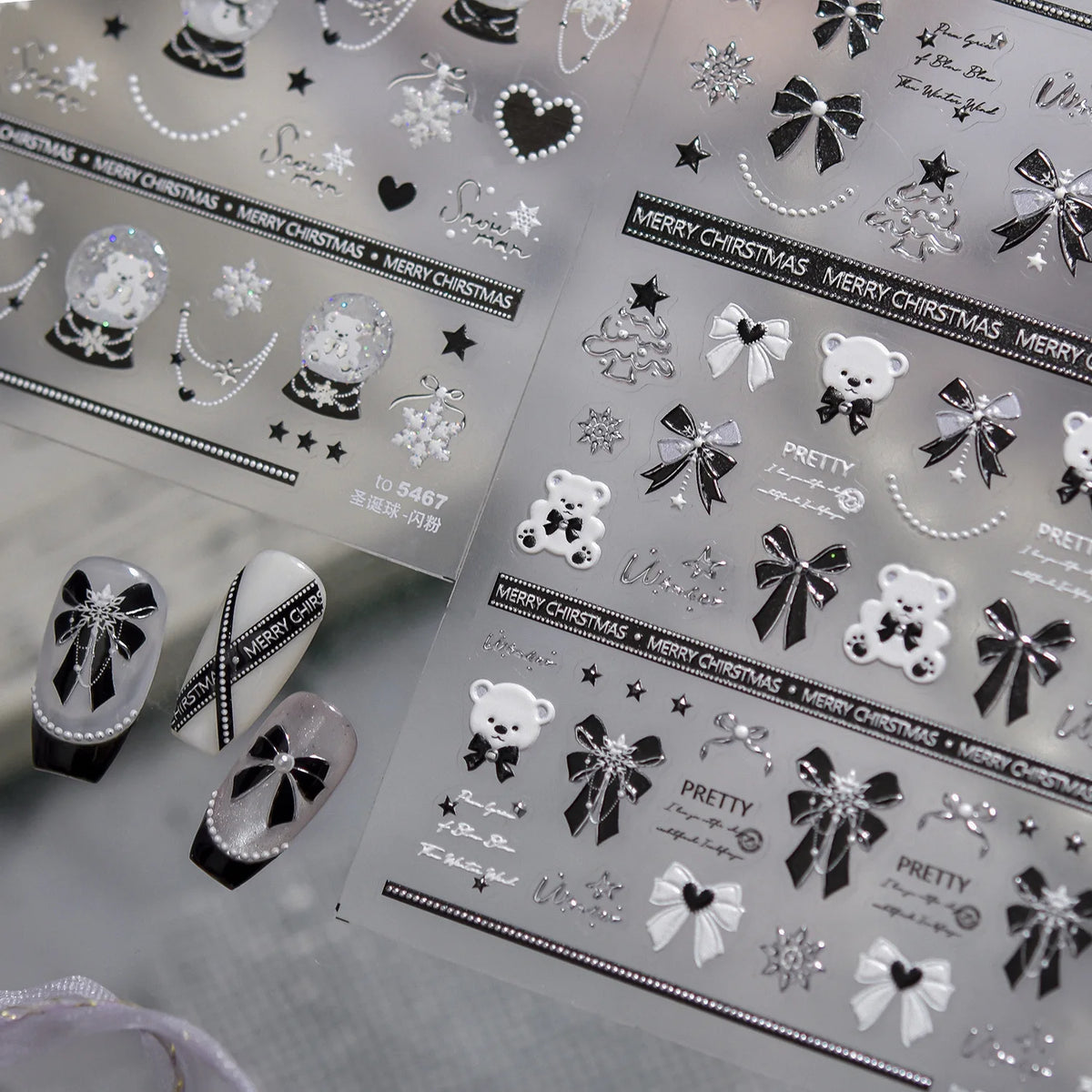 Christmas Balls Bear Bow Metal Nail Stickers Nail Art Accessories Xmas Self-adhesive Stickers DIY Nails Art 3D Decoration Decals